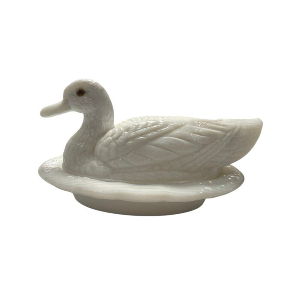 Westmoreland Duck in a Nest Basket White Milk Glass 9" by 5"